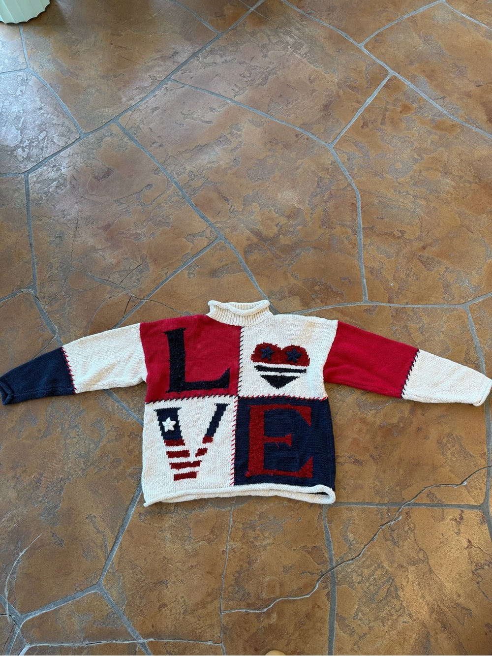 VTG Marsh Landing L Red White Blue Patchwork “Love” graphic Mock Neck Sweater